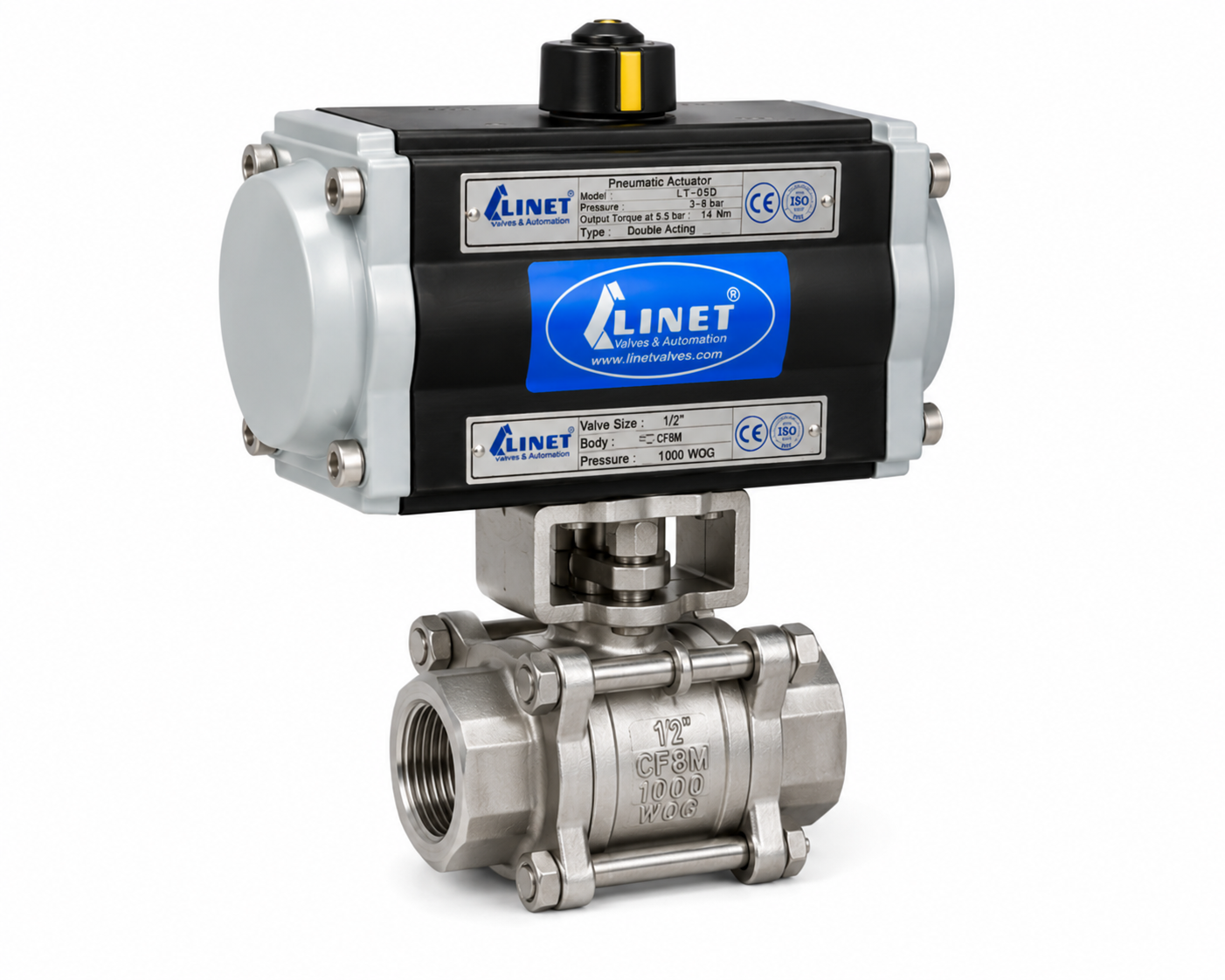 PNEUMATIC ROTARY ACTUATOR OPERATED 3 PC DESIGN BALL VALVE SCREWED END